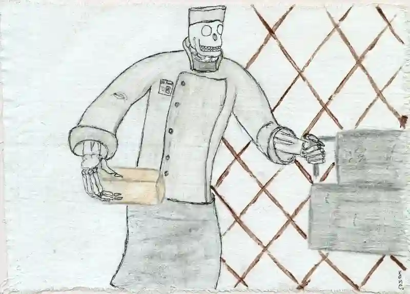 Баландер достает хлеб из печи